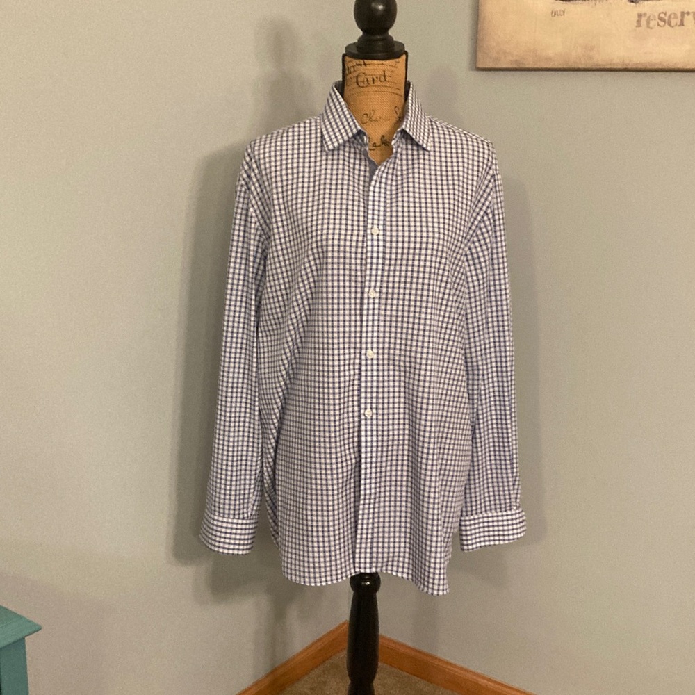 Construct Blue and White Gingham Mens Shirt Size 17/34-35 Slim Fit 4 Way Stretch - Picture 2 of 10